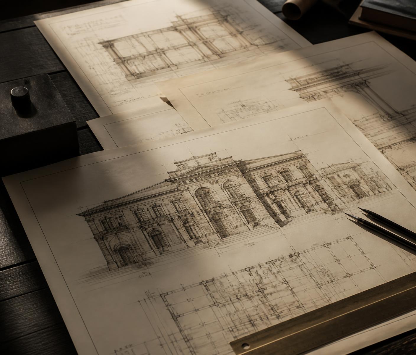 Plans d'architecte et élévations d'un projet immobilier en cours d'analyse